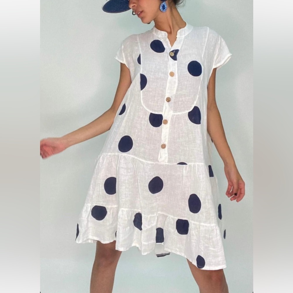 PURO LINO Polka Dot Linen Button-Front Dress - White/Navy Linen with wood button